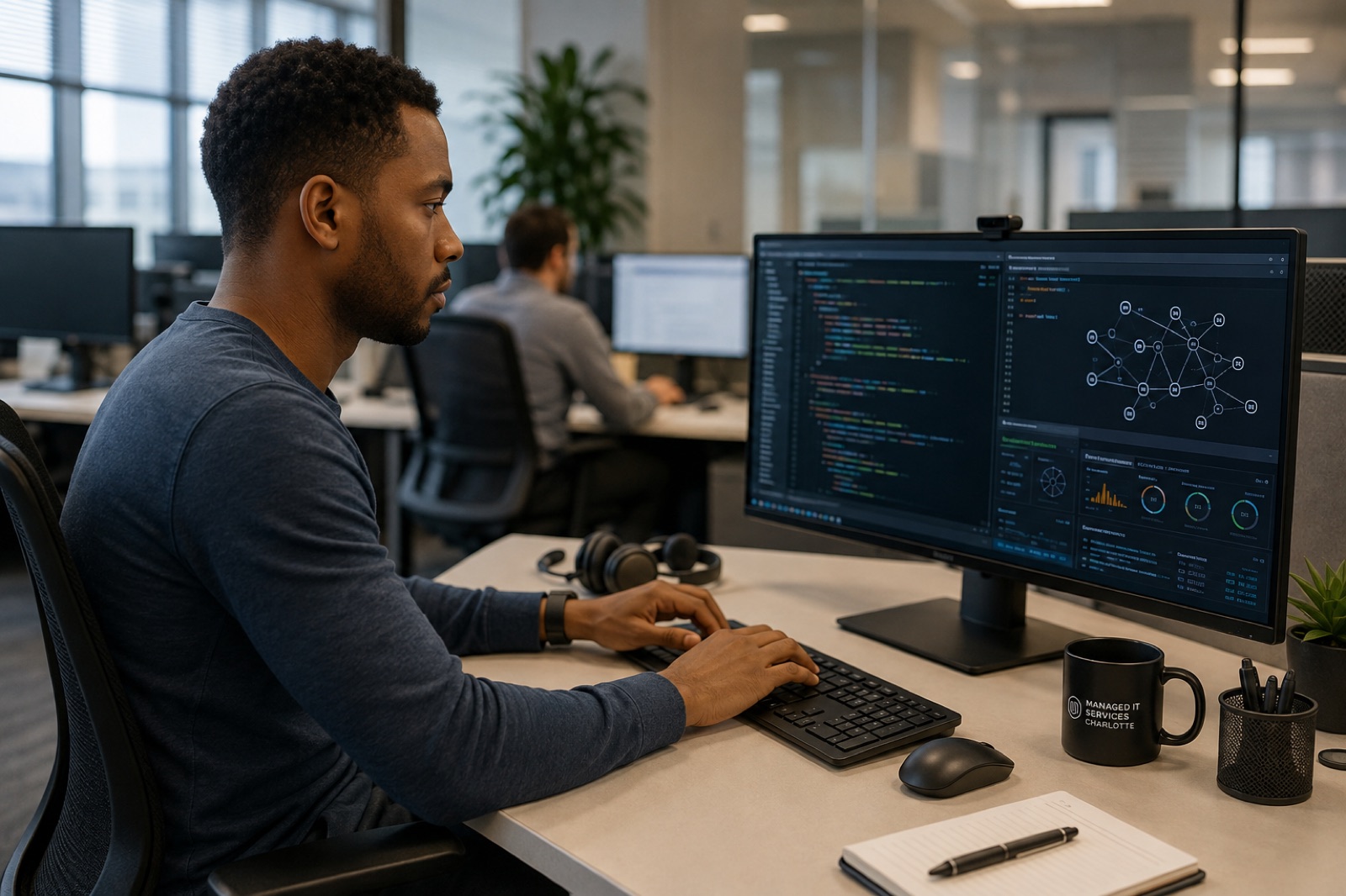 Managed IT services technician in Charlotte monitoring a client network on a operations dashboard