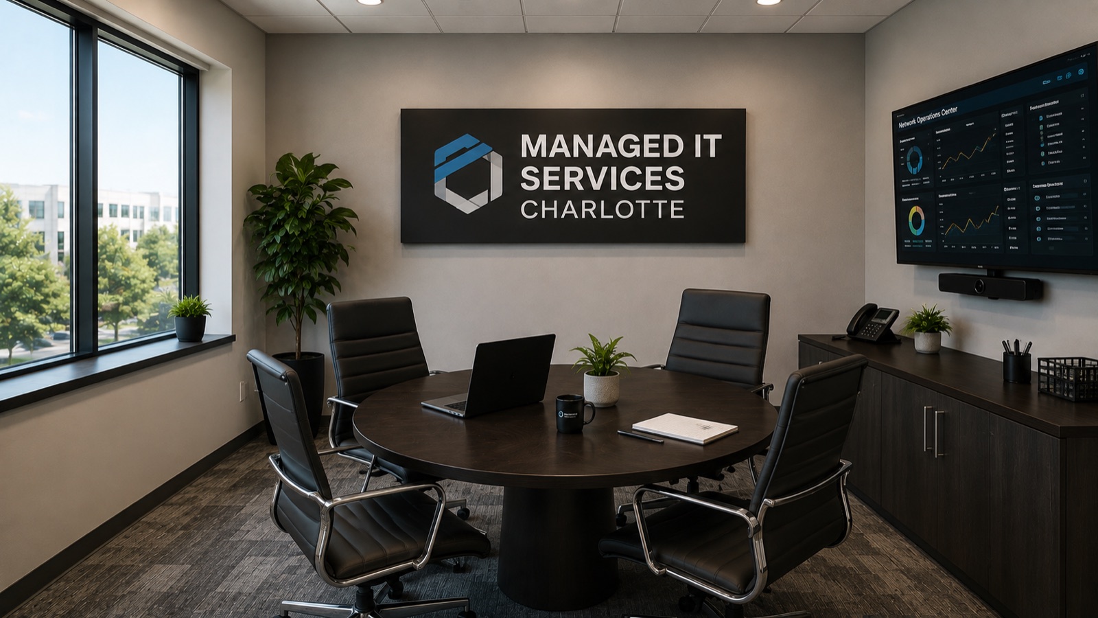 Managed IT services assessment room in Charlotte with a network operations dashboard